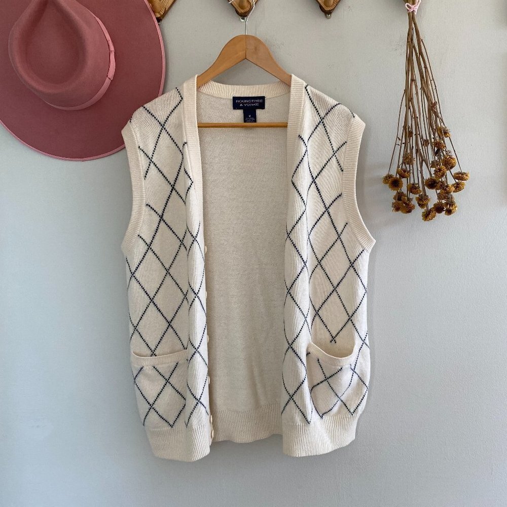 Y2k Minimal Cream Checked Button Up Sweater Vest - image 2